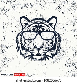 Vector tiger head, hipster face  on grunge background