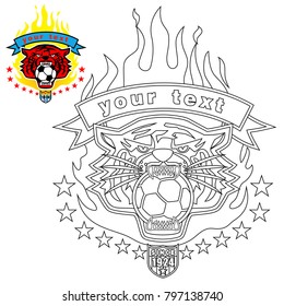 Vector of tiger head logo bite soccer ball with flame, coloring page or book