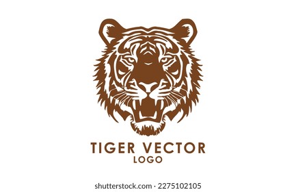 Vector tiger head with open mouth. Logo, sticker or icon. Wild animal stencil. White isolated background.