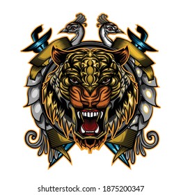 Vector tiger head and peacock. Face for retro logos, emblems, badges, labels template and t-shirt vintage design element