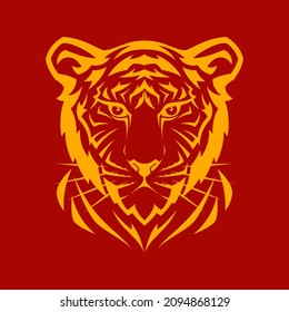 Vector tiger head, straight face yellow silhouette design for logo, emblem, tattoo, sticker, t-shirt. Isolated on red background. Happy new year 2022. Year of tiger.