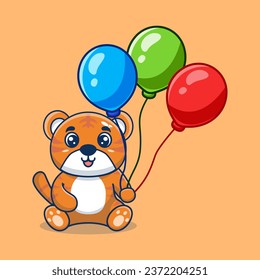 Vector tiger holding balloon cute cartoon vector icon illustration. animal nature icon concept creative kawaii cartoon mascot logo