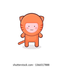 Vector tiger kitten character. Cute color cub standing on feet and looking on you. EPS10 cartoon illustration with animal for banner, poster, card, web design.