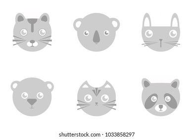Vector tiger koala rabbit bear cat raccoon grey heads set logo icon