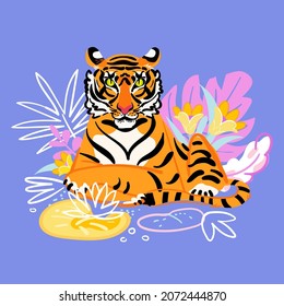 Vector tiger with line leaves and flowers on violet background. Flat design illustration. Funny cartoon character. Chinese 2022 year sign.