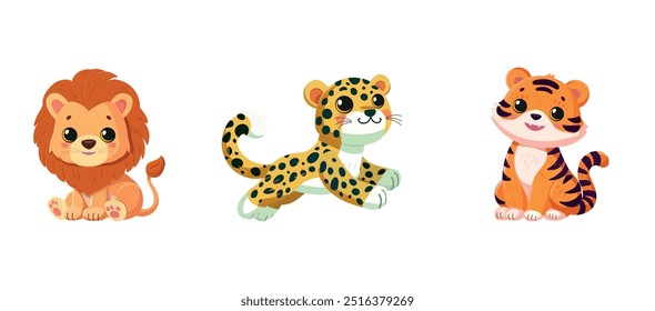 Vector  tiger lion jaguar isolated on white background big cats set  cute childish  cartoon illustration Flat design element