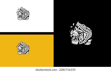 Vector del logotipo de un tigre en blanco y negro sobre fondo amarillo y negro