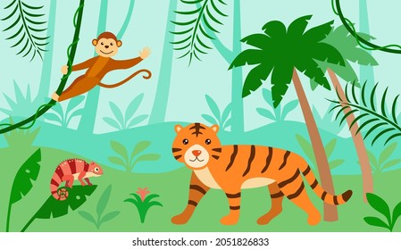 Vector tiger, monkey and chameleon lizard in jungle forest, rainforest landscape with tropical animals