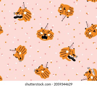 Vector tiger party seamless pattern. Happy birthday repeat fabric design with cute animals and dots on pink background. Ideal for wrapping paper. Funny tiger vector illustration.