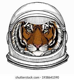 Vector tiger portrait. Animal head. Astronaut animal. Vector portrait. Cosmos and Spaceman. Space illustration about travel to the moon. Funny science hand drawn illustration.