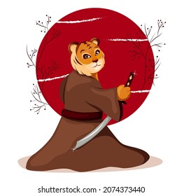 vector tiger samurai with sword. sakura on a background of red sun