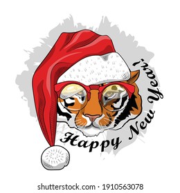 Vector tiger - santa claus in a red cap with glasses. Happy New Year.