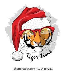 Vector tiger - santa claus in a red cap with glasses. Happy New Year.