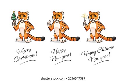 Vector Tiger set. Character, mascot, symbol, sign of Chinese New year. Tiger is holding in hand christmas tree, sparkler, showing thumb up. Happy  Chinese New Year, Merry christmas lettering. 