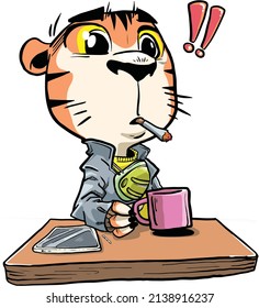 a vector of a tiger smoking and drinking coffee on a spare time