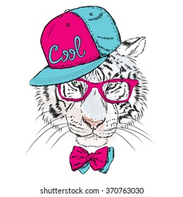 Vector tiger wearing glasses and a cap. Hipster. Vector illustration for greeting card, poster, or print on clothes.