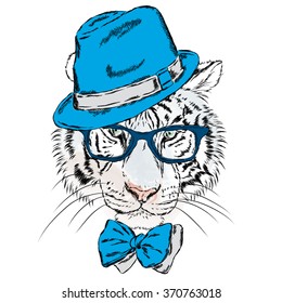 Vector tiger wearing glasses and a hat. Hipster. Vector illustration for greeting card, poster, or print on clothes.