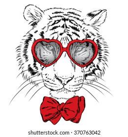 Vector tiger wearing glasses with hearts. St. Valentine's Day. Hipster. Vector illustration for greeting card, poster, or print on clothes.