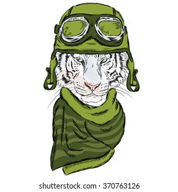 Vector tiger wearing a helmet. Hipster. Pilot.