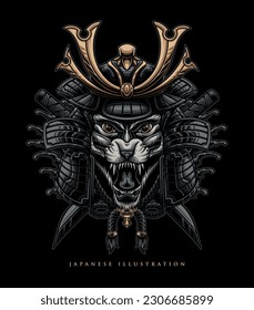 Vector of a tiger wearing a samurai helmet
