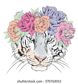 Vector tiger in a wreath of flowers. Hipster. Vector illustration for greeting card, poster, or print on clothes.