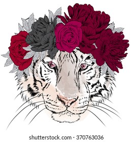Vector tiger in a wreath of flowers. Hipster.  Vector illustration for greeting card, poster, or print on clothes.