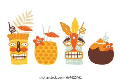 Vector tiki cocktails illustration set isolated on white background