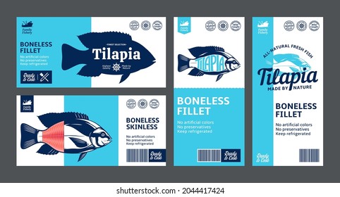 Vector tilapia labels and packaging design concepts. Tilapia fish illustrations