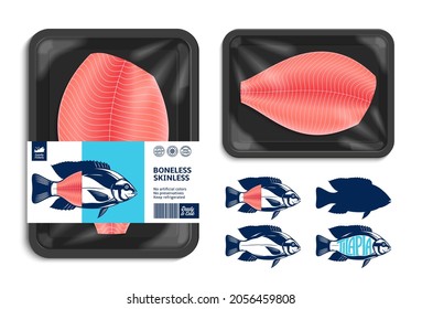 Diseño de empaquetado de tilapia vectorial. Sello de marisco de estilo plano. Ilustraciones de peces de Tilapia. Burla de la bandeja de comida negra