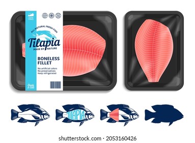 Ilustración de empaque de tilapia vectorial con etiqueta de mariscos de estilo plano y filete de pescado. Ilustraciones de peces de Tilapia y simulación de bandeja de comida