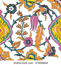 Vector tile oriental floral, ethnic drawing arabic pattern floral ancient, arabesque floral curled pattern tile illustration