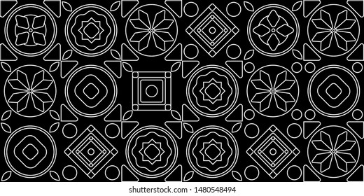 Vector tile pattern. Floral mosaic. Lisbon. Mediterranean seamless. Ornament. Black and white.