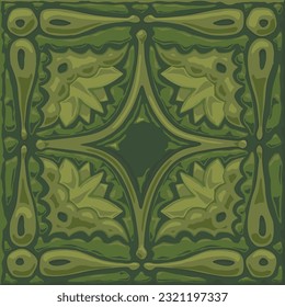 Vector tile pattern, floral talavera ceramic mosaic. Mediterranean ornament. Glazed relief green tile 