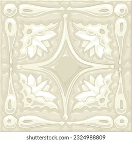 Vector tile pattern, floral talavera ceramic mosaic. Mediterranean ornament. Glazed relief white tile 