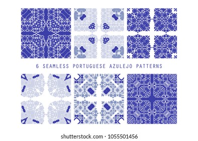 Vector tile pattern, Lisbon floral mosaic, Mediterranean seamless navy blue ornament. Vector illustration. Set of 6 seamless patterns