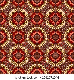 Vector tile pattern, Lisbon floral mosaic. Mediterranean seamless yellow, brown and red ornament.