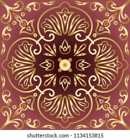 Vector tile pattern, Lisbon floral mosaic. Majolica pottery tile. Tile with Islam, Arabic, Indian, ottoman, Turkish, mediterranean motifs. Portuguese and Spain decor. Vector illustration. Ceramic tile