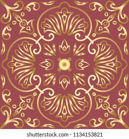 Vector tile pattern, Lisbon floral mosaic. Majolica pottery tile. Tile with Islam, Arabic, Indian, ottoman, Turkish, mediterranean motifs. Portuguese and Spain decor. Vector illustration. Ceramic tile