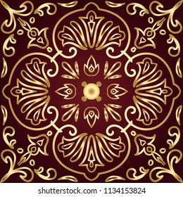 Vector tile pattern, Lisbon floral mosaic. Majolica pottery tile. Tile with Islam, Arabic, Indian, ottoman, Turkish, mediterranean motifs. Portuguese and Spain decor. Vector illustration. Ceramic tile