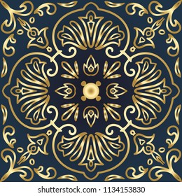 Vector tile pattern, Lisbon floral mosaic. Majolica pottery tile. Tile with Islam, Arabic, Indian, ottoman, Turkish, mediterranean motifs. Portuguese and Spain decor. Vector illustration. Ceramic tile