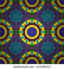 Vector tile pattern, Lisbon floral mosaic. Mediterranean yellow, green and violet ornament.