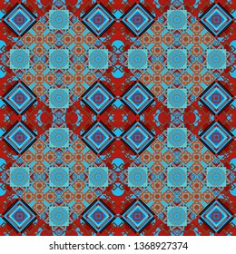 Vector tile pattern, Lisbon floral mosaic. Mediterranean seamless red, blue and orange ornament.