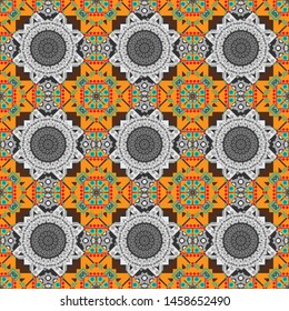 Vector tile pattern, Lisbon floral mosaic. Mediterranean seamless orange, gray and brown ornament.