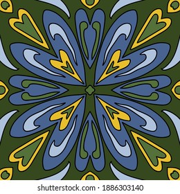 Vector tile pattern, Lisbon floral mosaic. ,Mediterranean seamless navy blue ornament. Valencian traditional tiles.  Floral ornament.