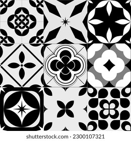 Vektorfliesen Muster, Lissabon Blumenmosaik, mediterran, schwarz-weiß. Geometrisches Vektorfliesen-Design. Portugiesische oder spanische nahtlose schwarz-weiße Fliesen