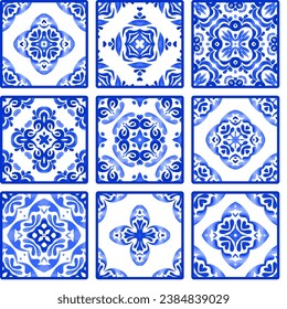 Vektorfliesen-Muster, Blumenmosaik von Lissabon. mediterrane blaue Ornamente nahtlos. Keramikfliesen aus Azulejo.