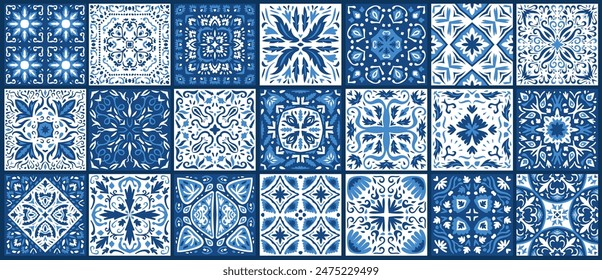 Vector tile pattern, Lisbon floral mosaic, azulejo seamless navy blue ornament