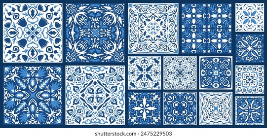 Patrón de azulejos de Vector, mosaico floral de Lisboa, ornamento azul marino sin costuras azulejo