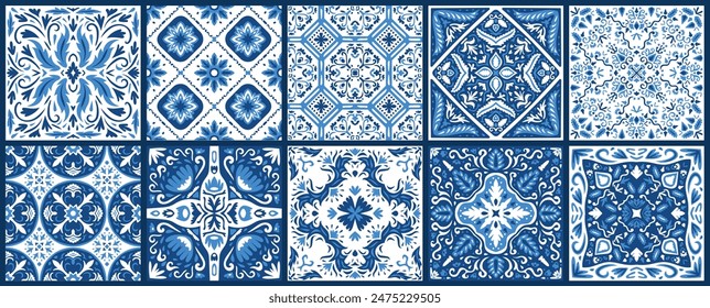 Patrón de azulejos de Vector, mosaico floral de Lisboa, ornamento azul marino sin costuras azulejo