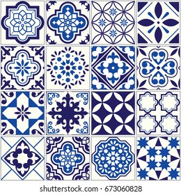 Vector tile pattern, Lisbon floral mosaic, Mediterranean seamless navy blue ornament - Shutterstock ID 673060828